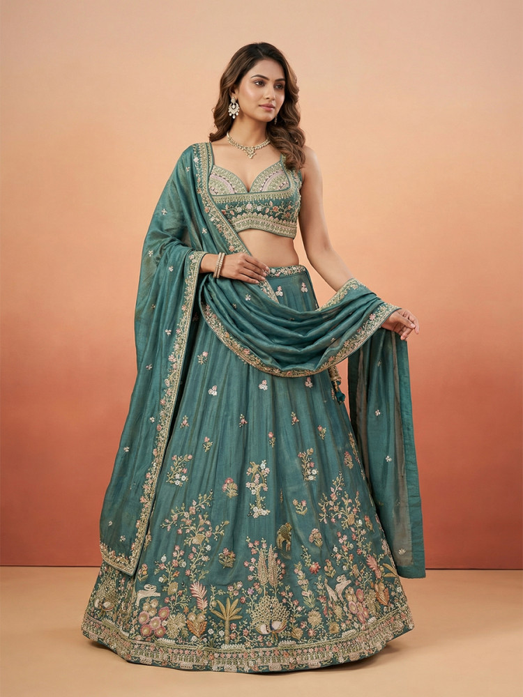 Image of Green Tissue Embroidery Wedding Reception Party Festival Heavy Border Lehenga Choli