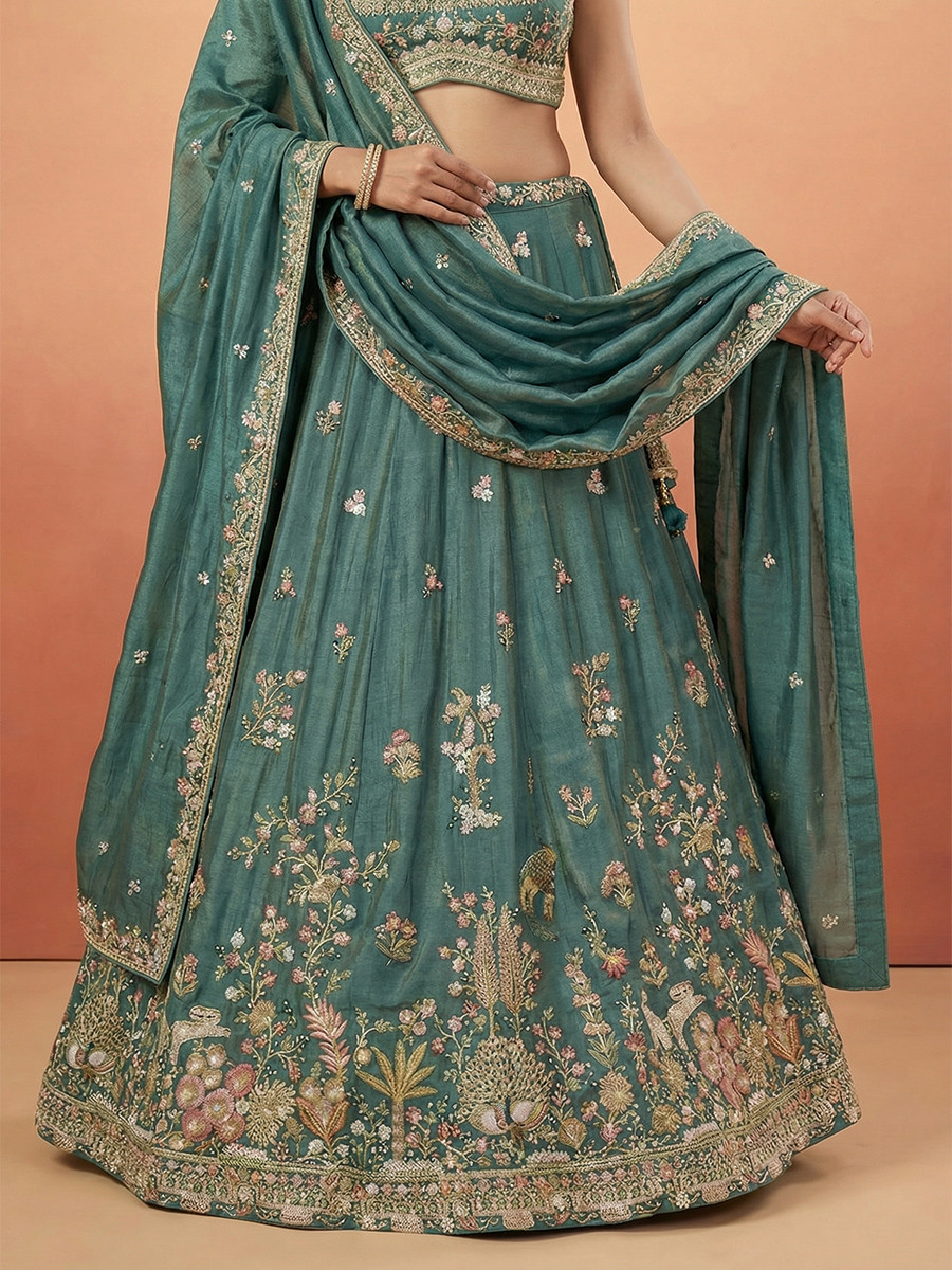 Green Tissue Embroidery Wedding Reception Party Festival Heavy Border Lehenga Choli