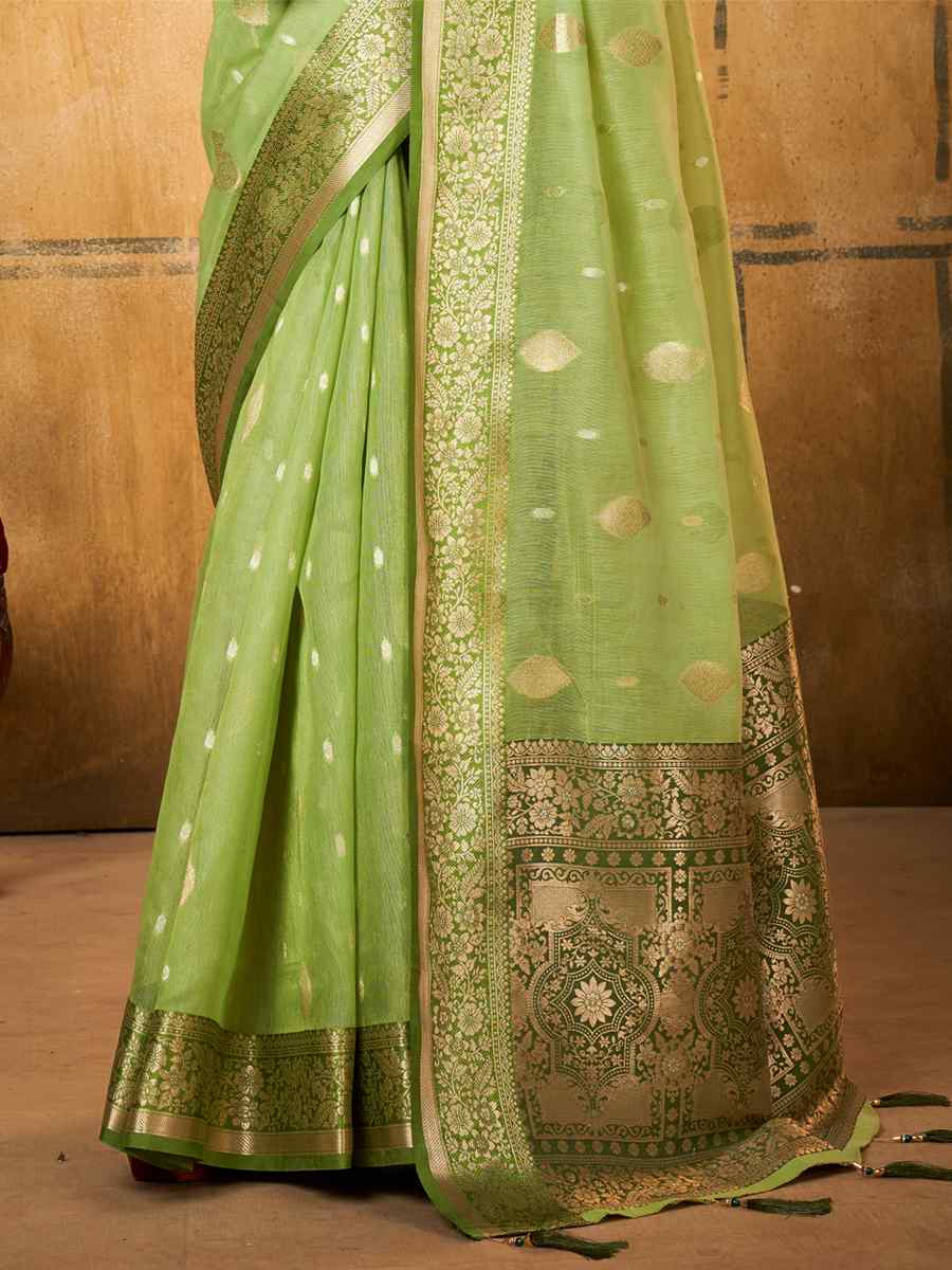 Green Tissue Handwoven Wedding Festival Heavy Border Saree