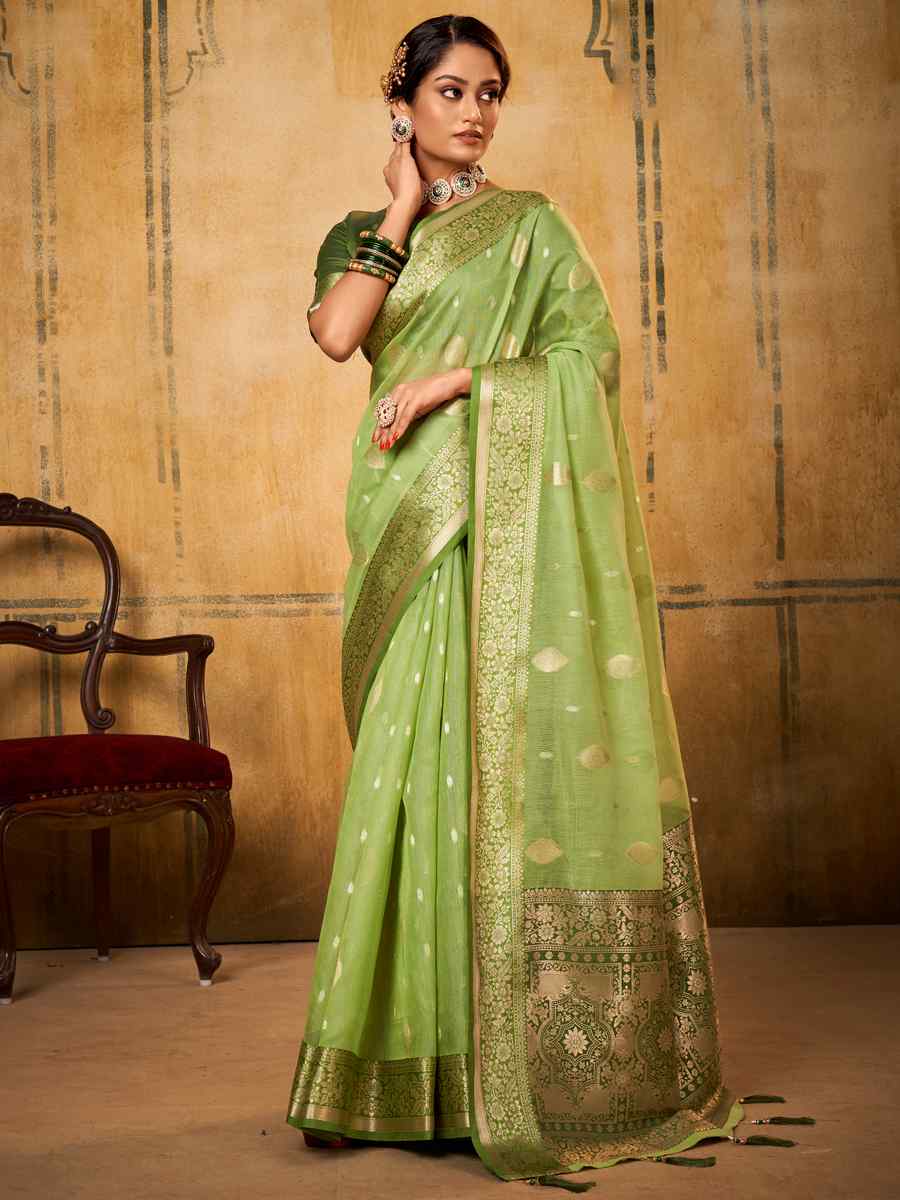 Green Tissue Handwoven Wedding Festival Heavy Border Saree