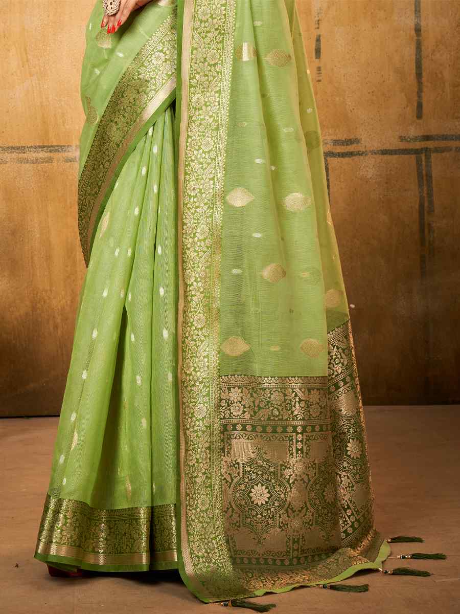 Green Tissue Handwoven Wedding Festival Heavy Border Saree