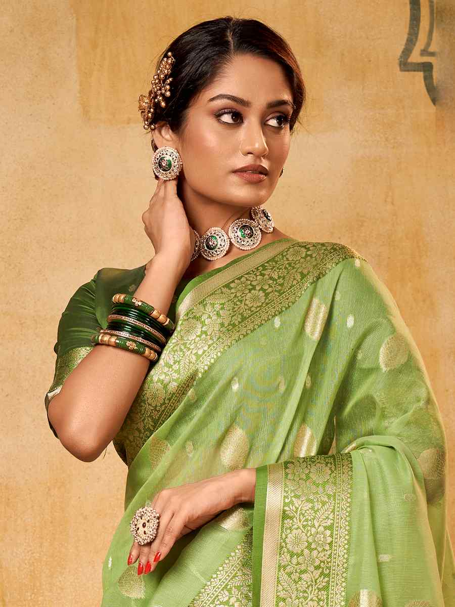 Green Tissue Handwoven Wedding Festival Heavy Border Saree