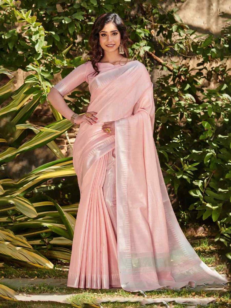 Peach Tissue Linen Handwoven Party Festival Heavy Border Saree