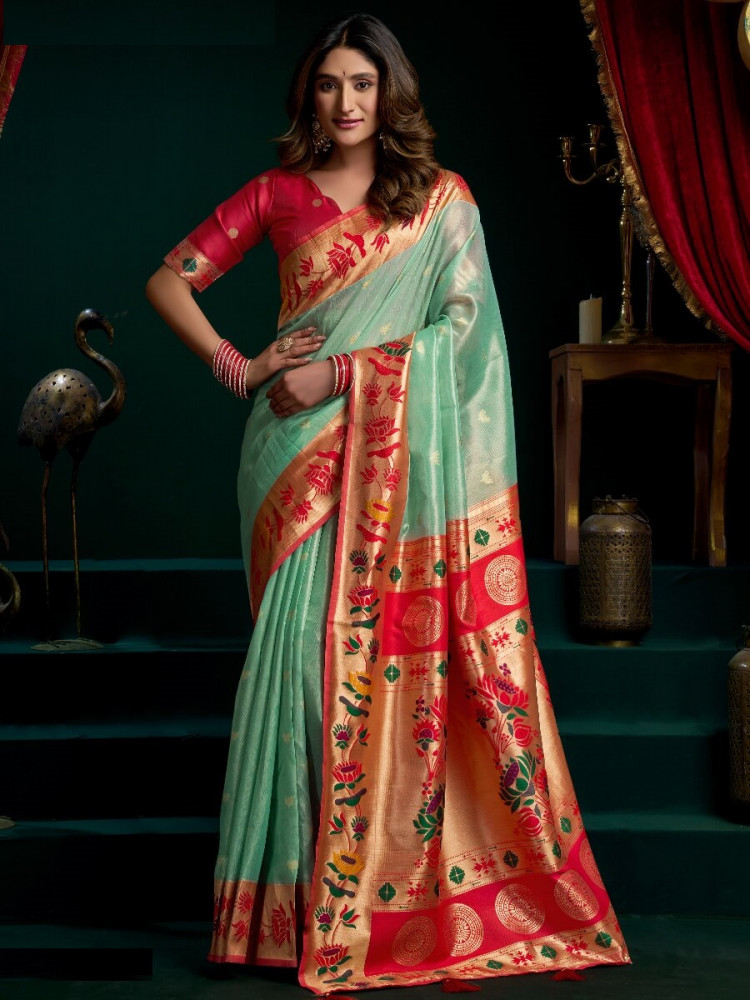 Image of Green Tissue Paithani Silk Embroidery Wedding Reception Party Festival Heavy Border Sarees