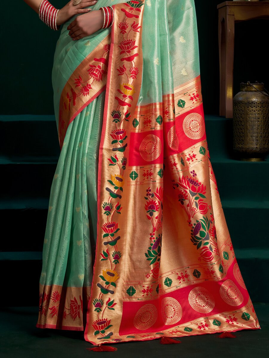 Green Tissue Paithani Silk Embroidery Wedding Reception Party Festival Heavy Border Sarees