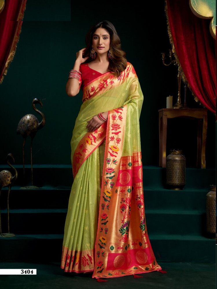 Image of Green Tissue Paithani Silk Embroidery Wedding Reception Party Festival Heavy Border Sarees