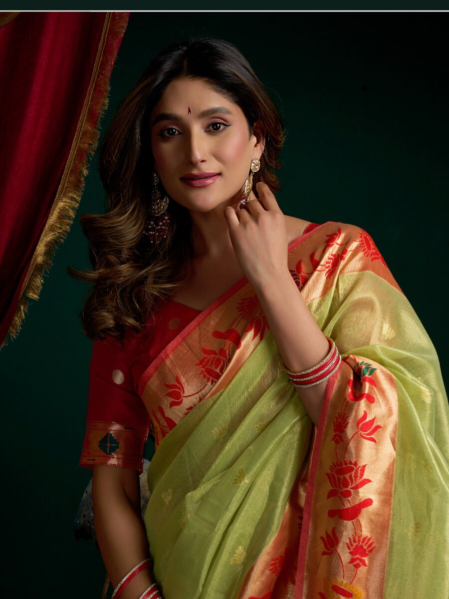 Green Tissue Paithani Silk Embroidery Wedding Reception Party Festival Heavy Border Sarees