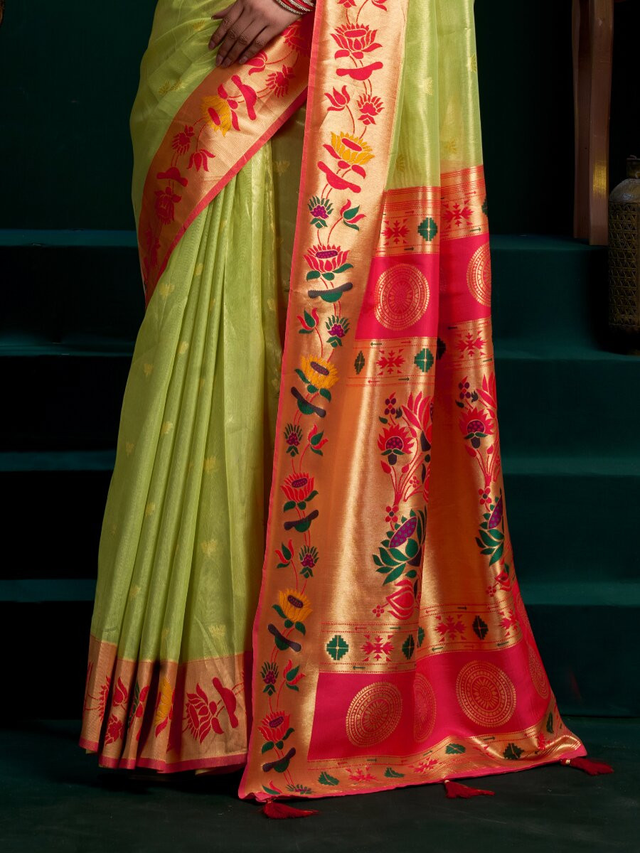 Green Tissue Paithani Silk Embroidery Wedding Reception Party Festival Heavy Border Sarees