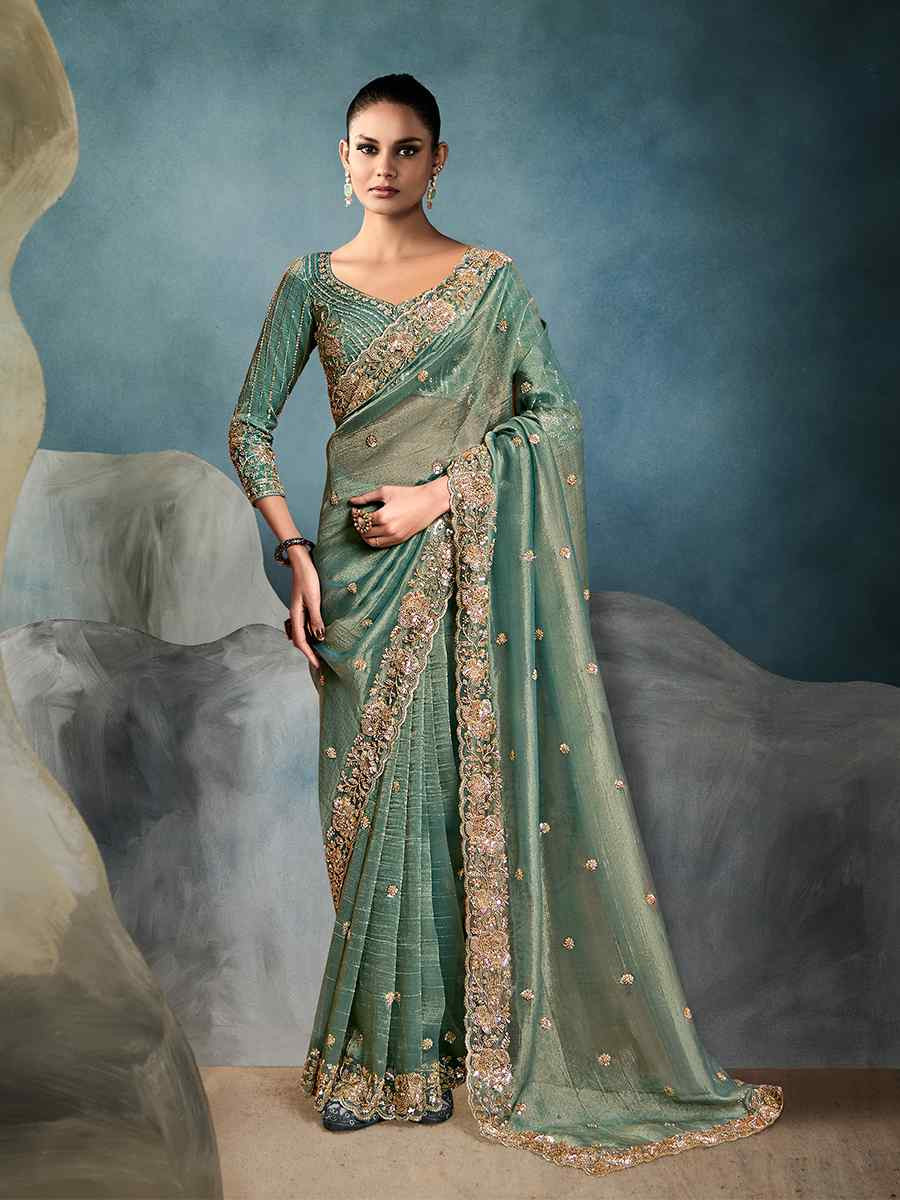 Green Tissue Silk Embroidered Festival Wedding Fancy Heavy Border Saree