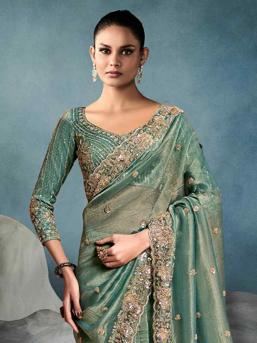 Green Tissue Silk Embroidered Festival Wedding Fancy Heavy Border Saree