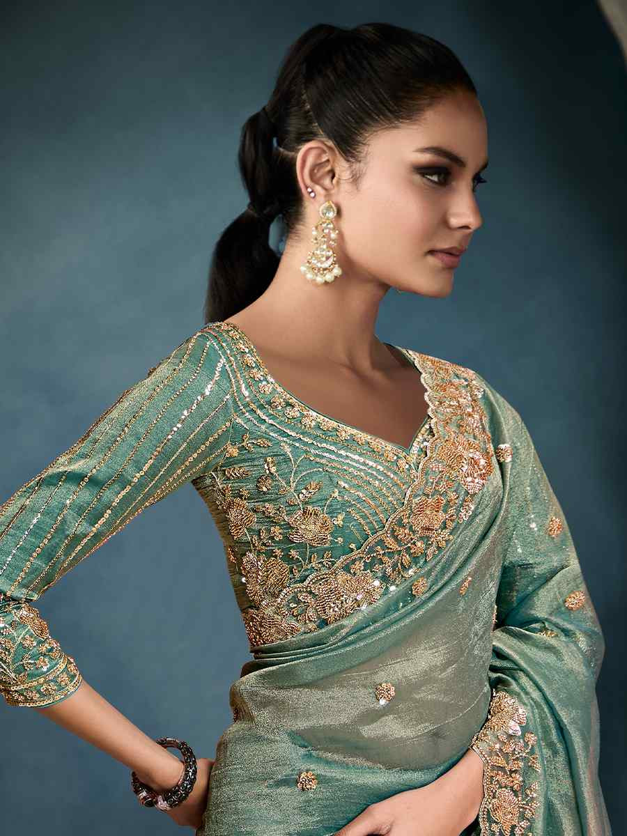 Green Tissue Silk Embroidered Festival Wedding Fancy Heavy Border Saree