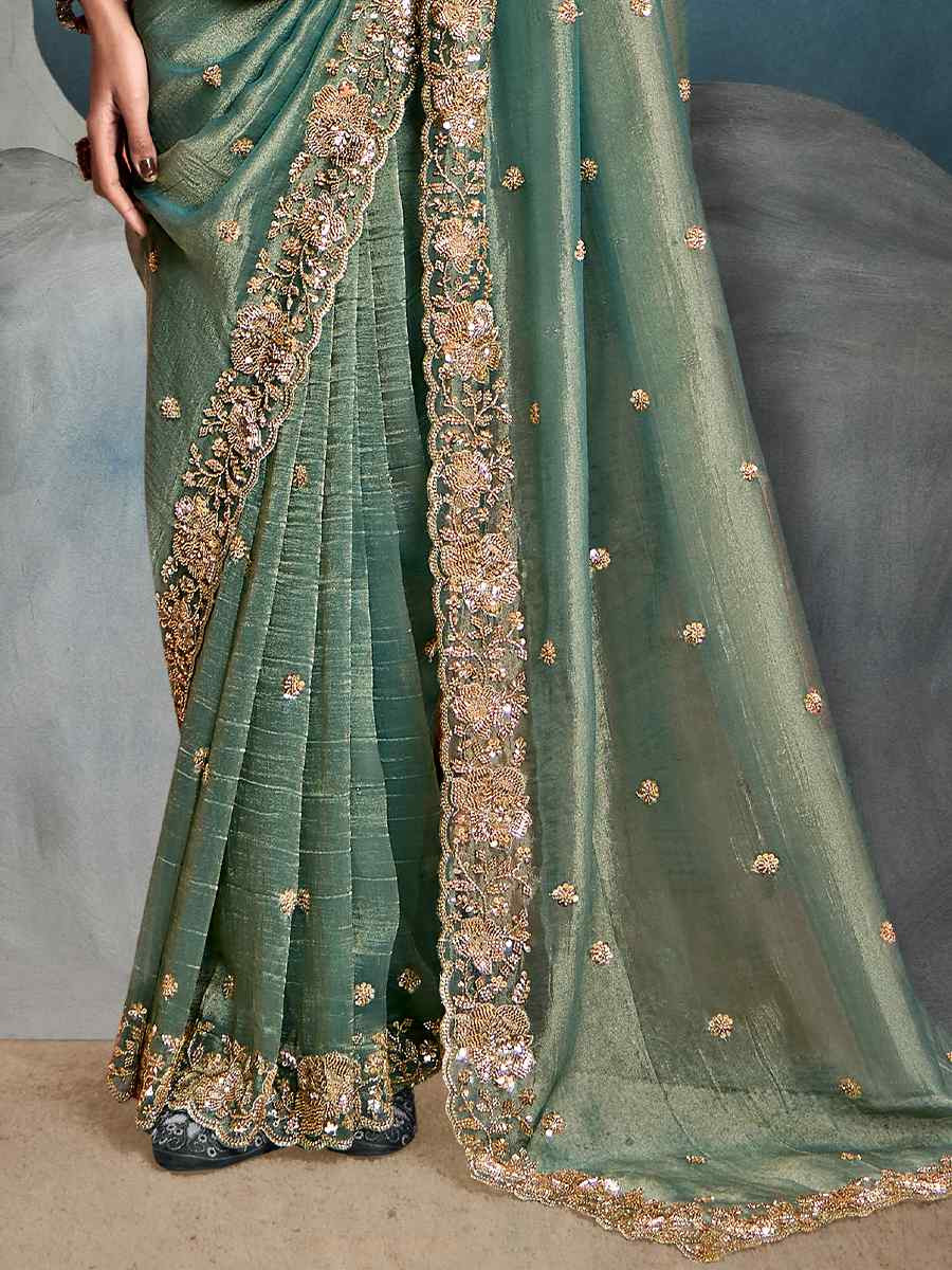 Green Tissue Silk Embroidered Festival Wedding Fancy Heavy Border Saree