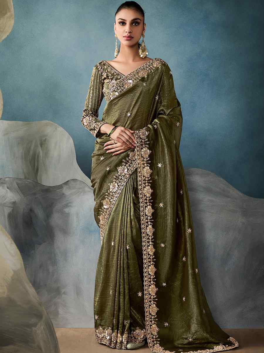 Green Tissue Silk Embroidered Festival Wedding Fancy Heavy Border Saree