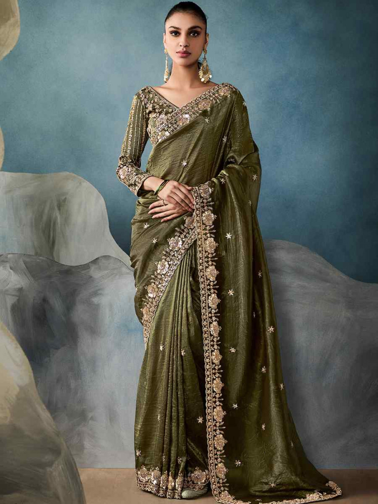 Green Tissue Silk Embroidered Festival Wedding Fancy Heavy Border Saree
