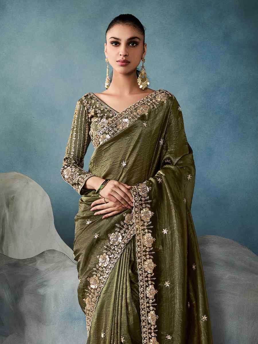 Green Tissue Silk Embroidered Festival Wedding Fancy Heavy Border Saree