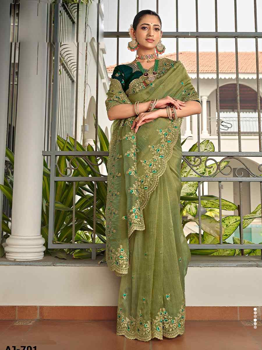 Green Tissue Silk Embroidered Festival Wedding Fancy Heavy Border Saree