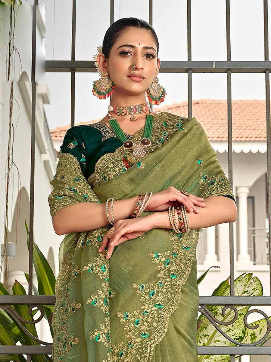 Green Tissue Silk Embroidered Festival Wedding Fancy Heavy Border Saree