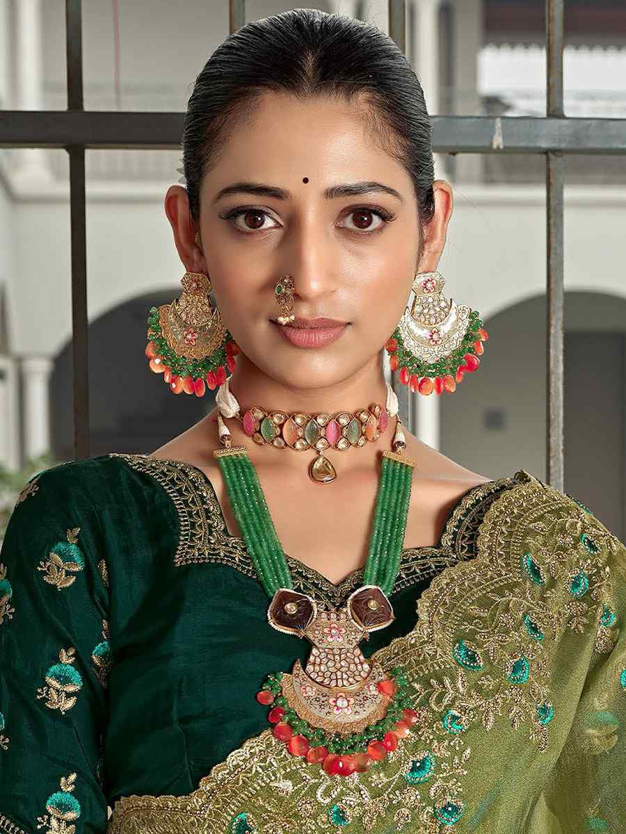 Green Tissue Silk Embroidered Festival Wedding Fancy Heavy Border Saree