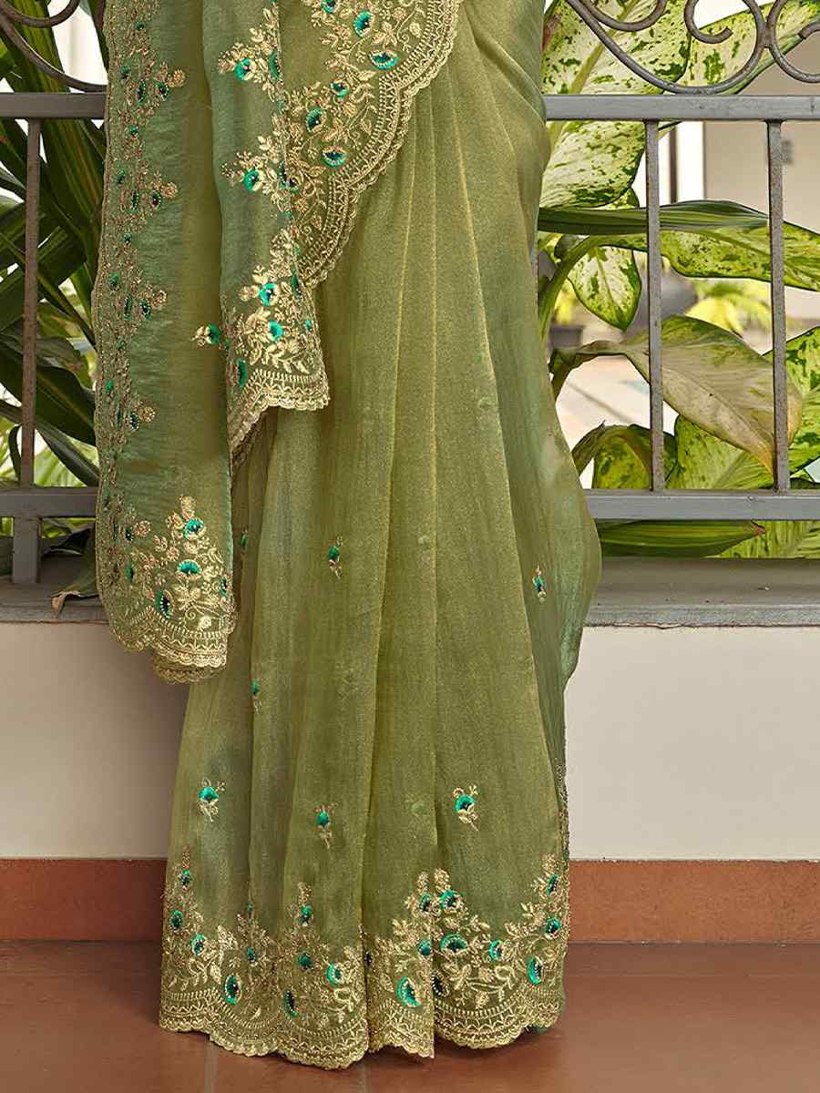 Green Tissue Silk Embroidered Festival Wedding Fancy Heavy Border Saree