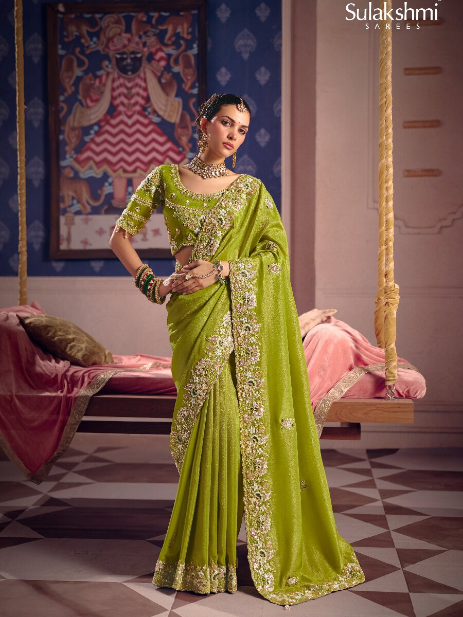 Green Tissue Silk Embroidery Sequins Zari Wedding Party Festival Casual Heavy Border Sarees