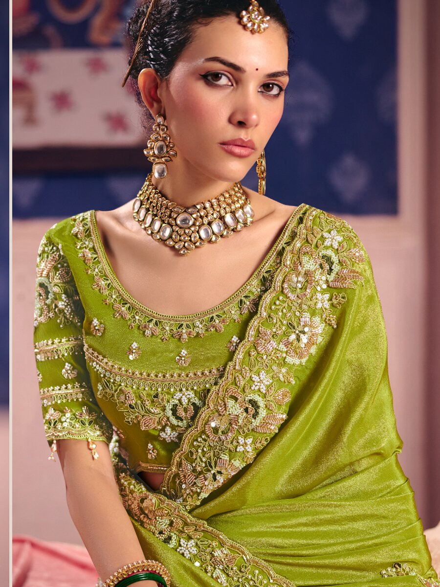 Green Tissue Silk Embroidery Sequins Zari Wedding Party Festival Casual Heavy Border Sarees