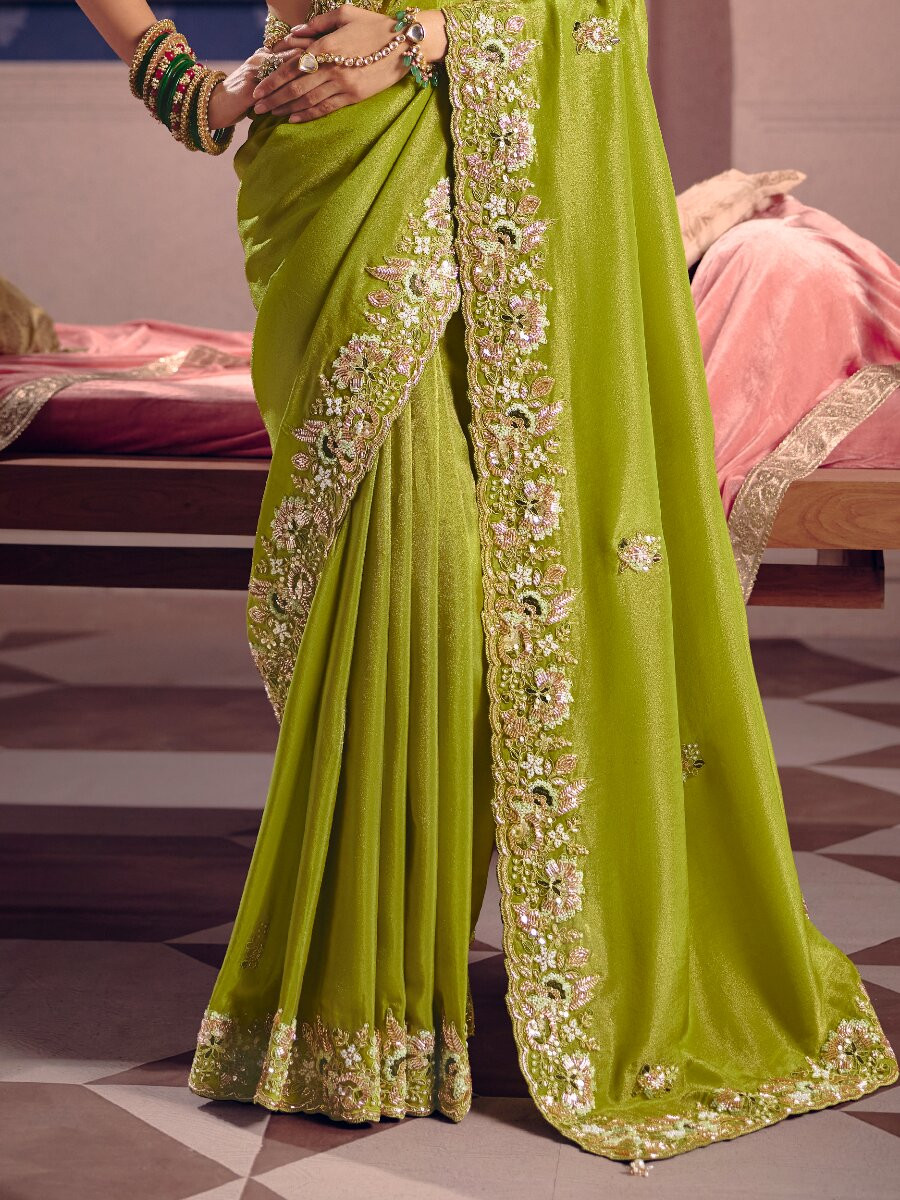 Green Tissue Silk Embroidery Sequins Zari Wedding Party Festival Casual Heavy Border Sarees