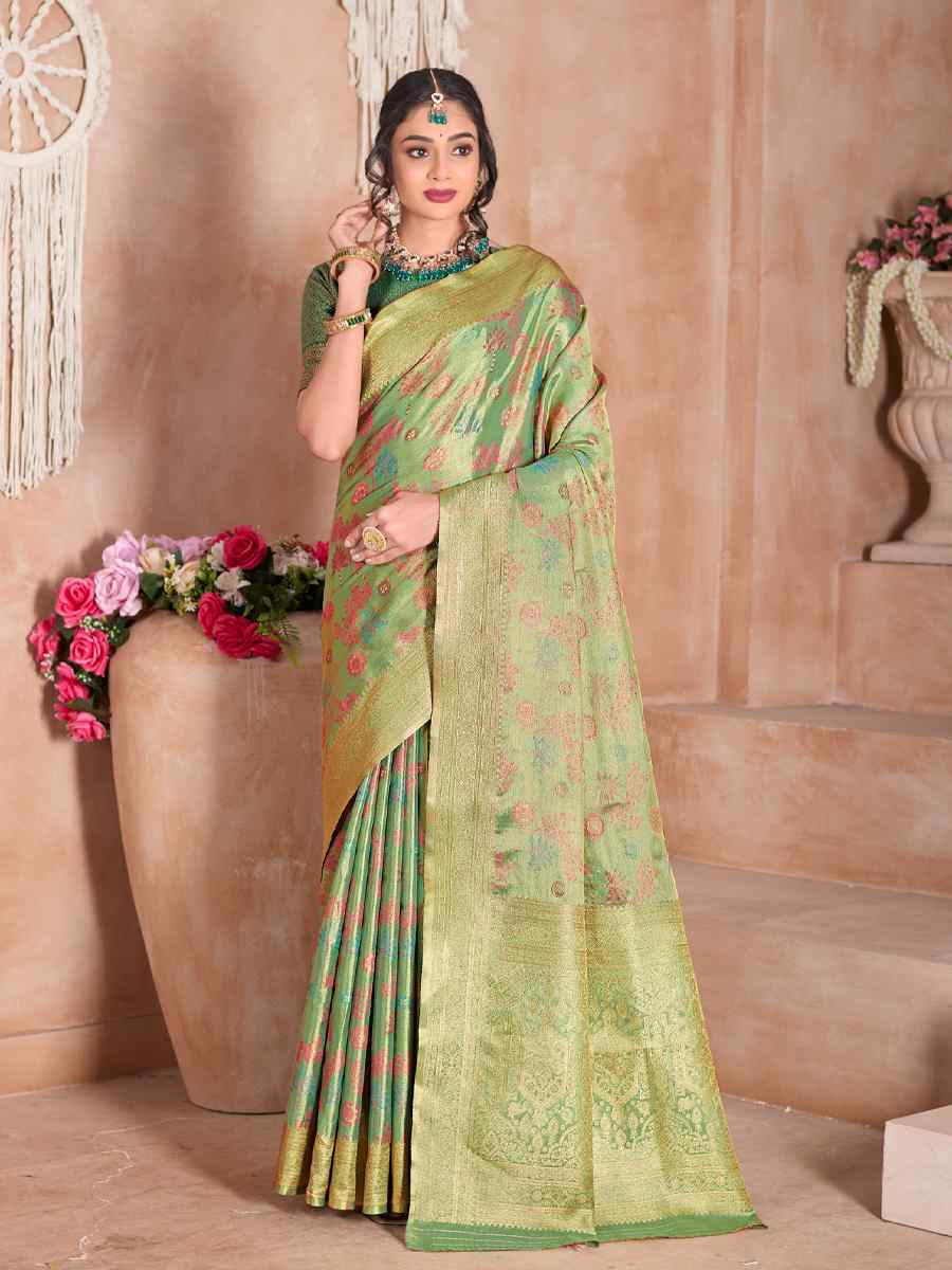 Green Tissue Silk Handwoven Festival Wedding Fancy Heavy Border Saree