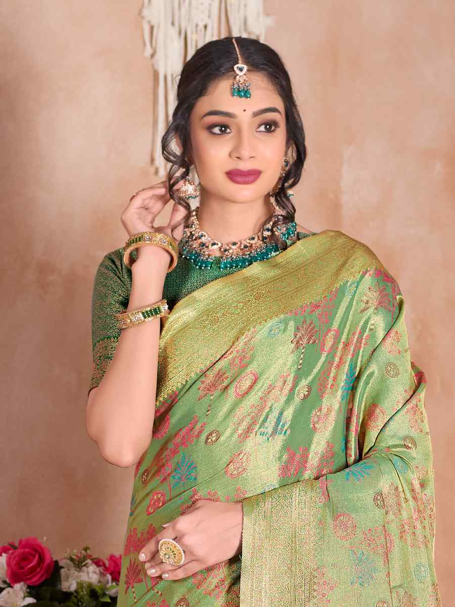 Green Tissue Silk Handwoven Festival Wedding Fancy Heavy Border Saree