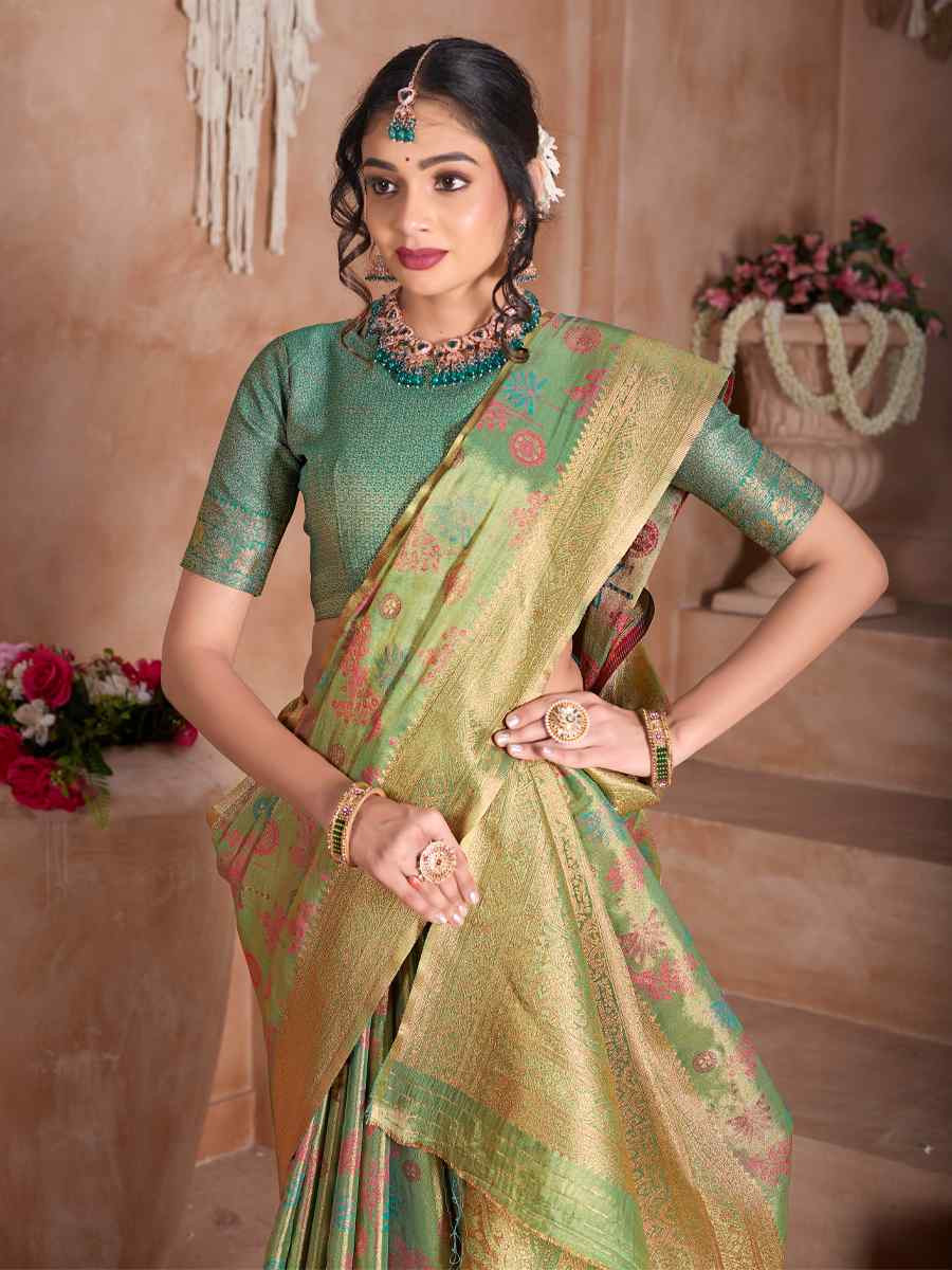 Green Tissue Silk Handwoven Festival Wedding Fancy Heavy Border Saree
