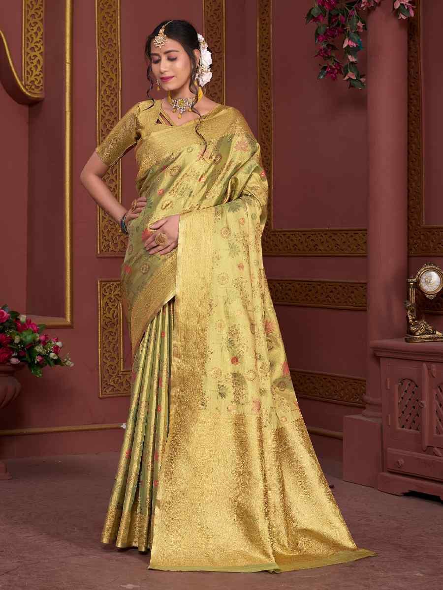 Green Tissue Silk Handwoven Festival Wedding Fancy Heavy Border Saree