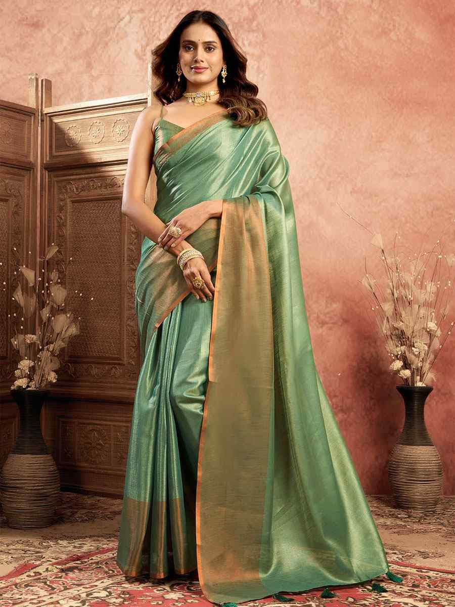 Green Tissue Silk Handwoven Festival Wedding Fancy Heavy Border Saree