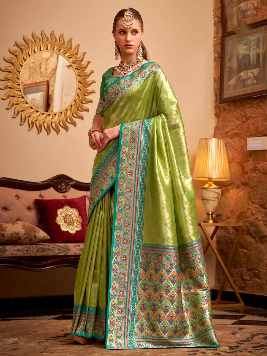 Green Tissue Silk Handwoven Traditional Bridal Reception Festival Wedding Fancy Heavy Border Saree