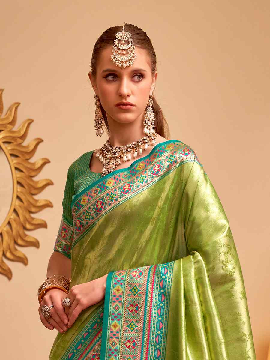 Green Tissue Silk Handwoven Traditional Bridal Reception Festival Wedding Fancy Heavy Border Saree