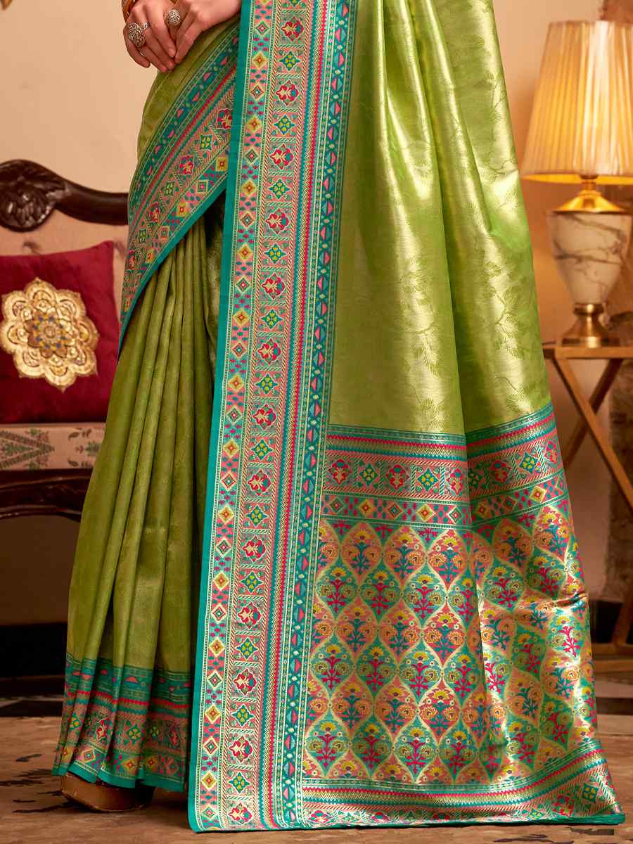 Green Tissue Silk Handwoven Traditional Bridal Reception Festival Wedding Fancy Heavy Border Saree
