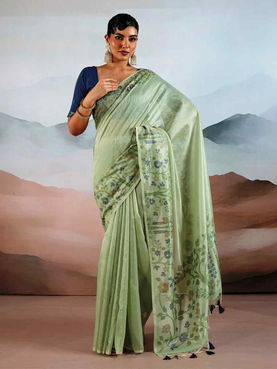 Green Tissue Silk Handwoven Traditional Casual Reception Festival Wedding Fancy Heavy Border Saree
