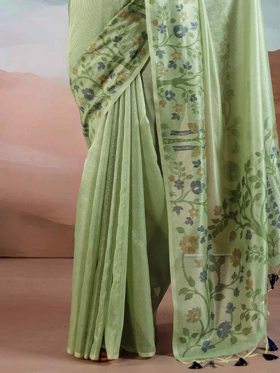 Green Tissue Silk Handwoven Traditional Casual Reception Festival Wedding Fancy Heavy Border Saree