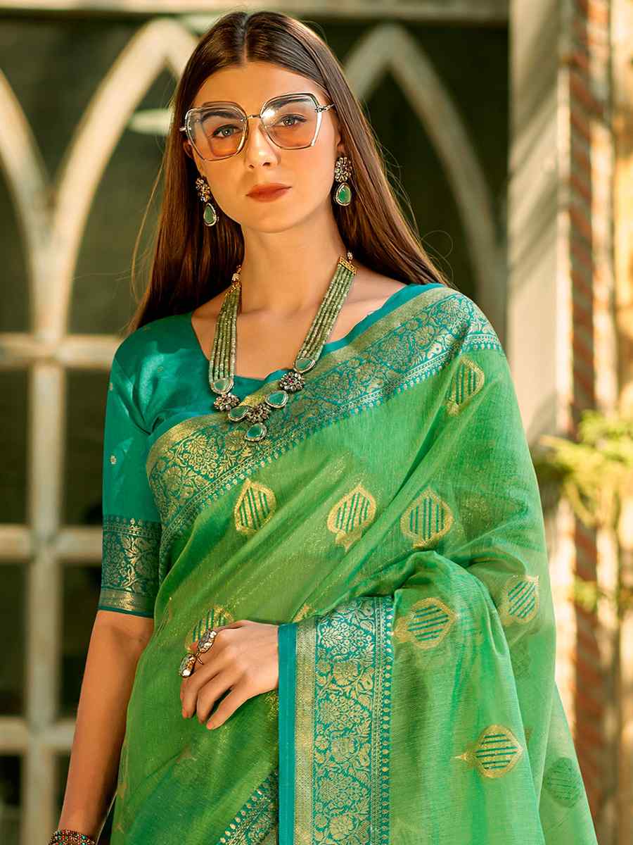 Green Tissue Silk Handwoven Wedding Festival Heavy Border Saree