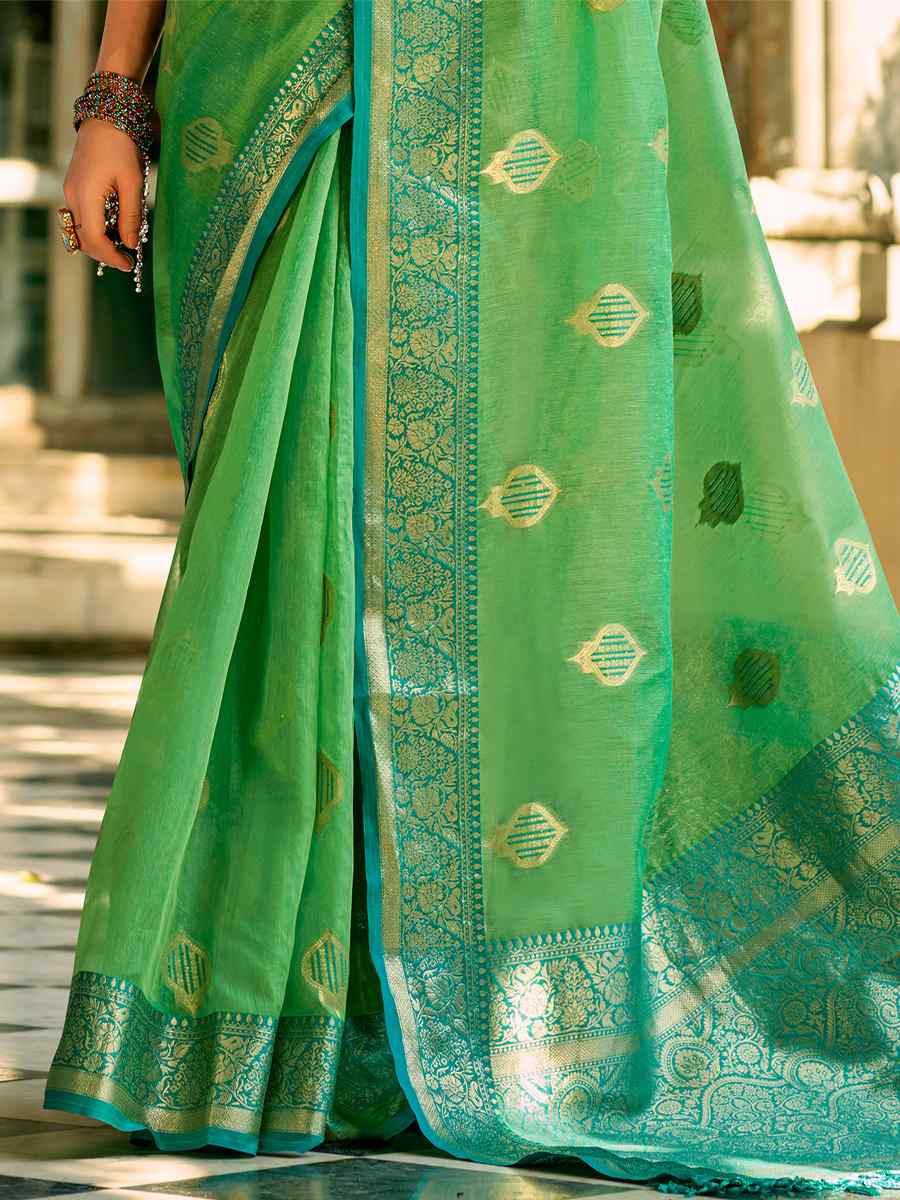 Green Tissue Silk Handwoven Wedding Festival Heavy Border Saree