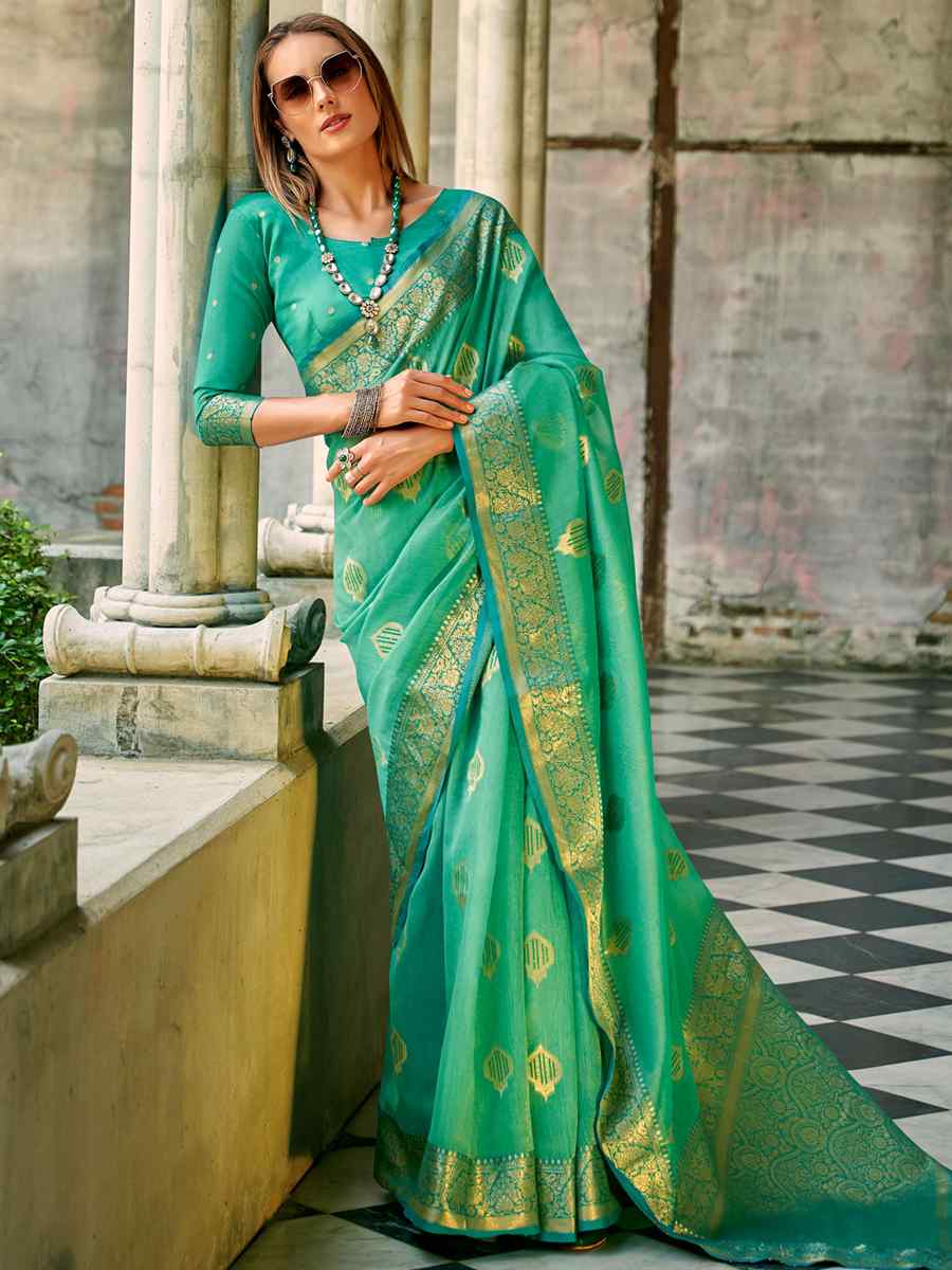 Green Tissue Silk Handwoven Wedding Festival Heavy Border Saree