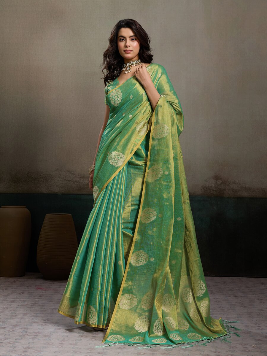 Green Tissue Silk Handwoven Wedding Reception Party Casual Heavy Border Sarees