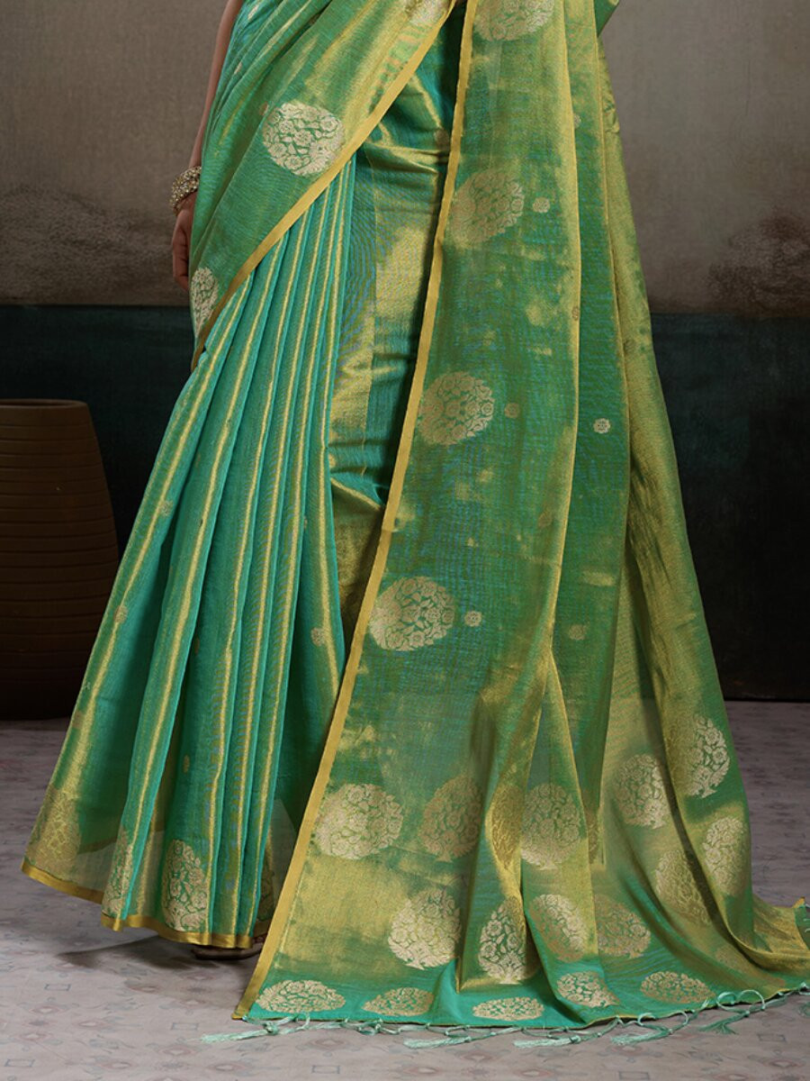 Green Tissue Silk Handwoven Wedding Reception Party Casual Heavy Border Sarees