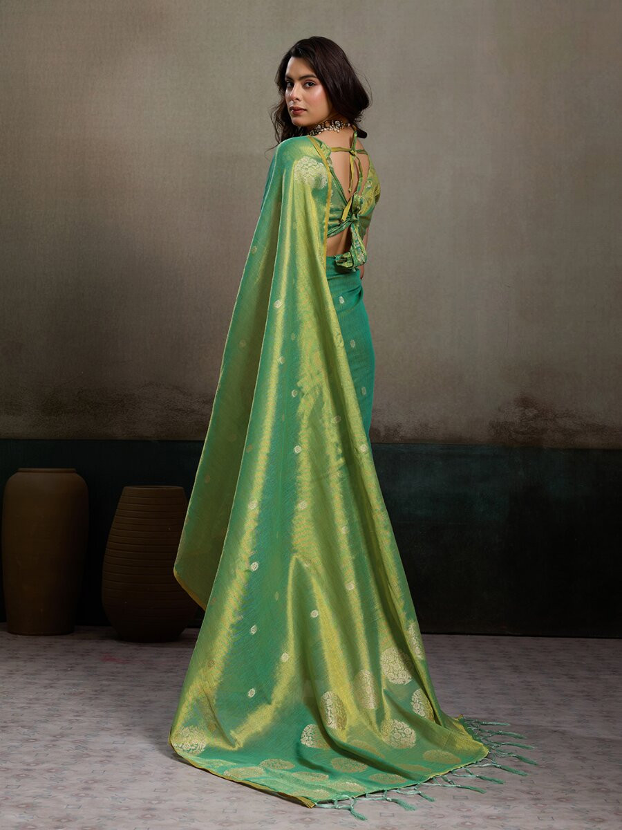 Green Tissue Silk Handwoven Wedding Reception Party Casual Heavy Border Sarees