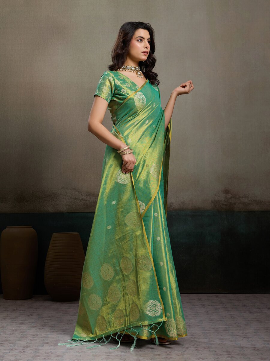 Green Tissue Silk Handwoven Wedding Reception Party Casual Heavy Border Sarees