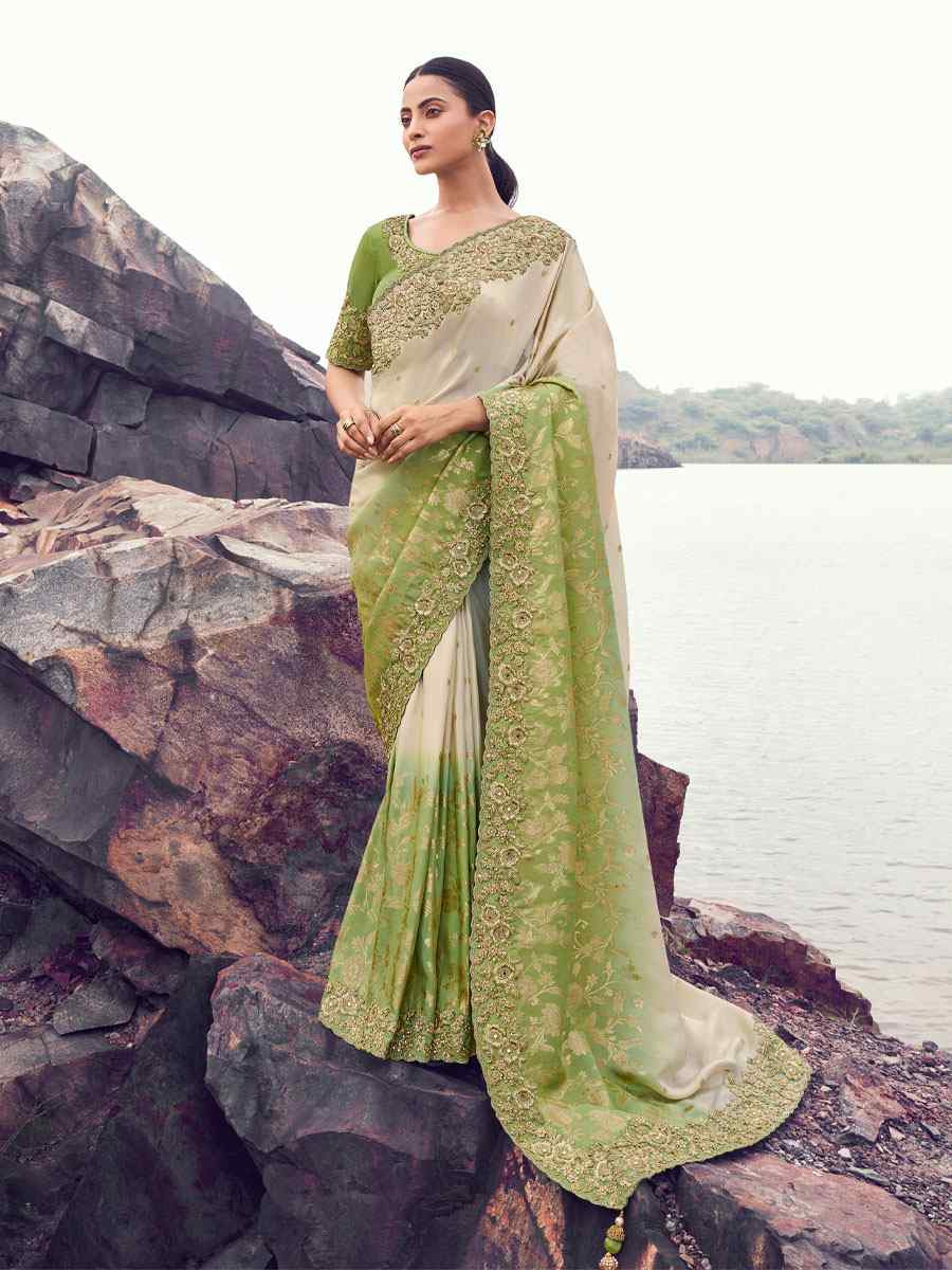 Green Tissue Silk With Jacquard Embroidery Bridal Reception Festival Wedding Fancy Heavy Border Saree