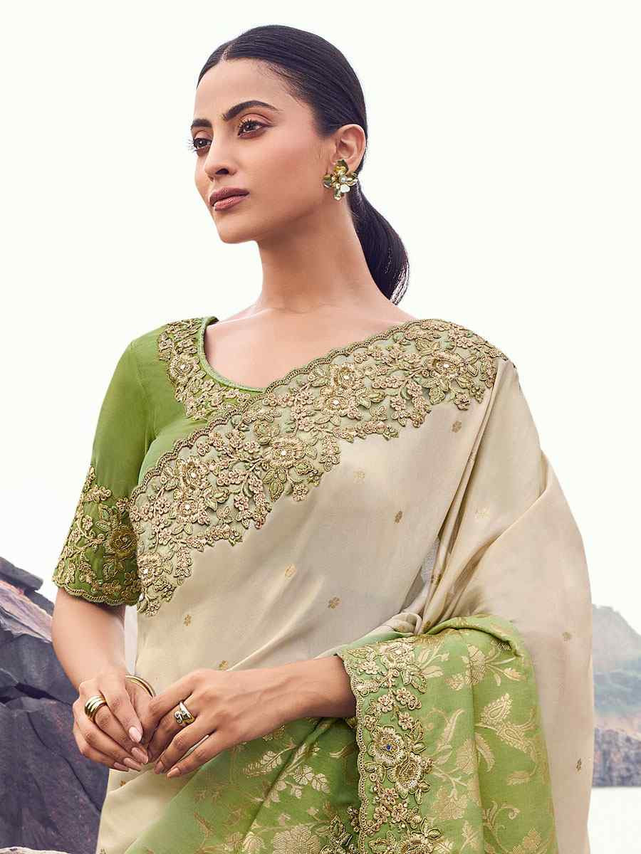 Green Tissue Silk With Jacquard Embroidery Bridal Reception Festival Wedding Fancy Heavy Border Saree