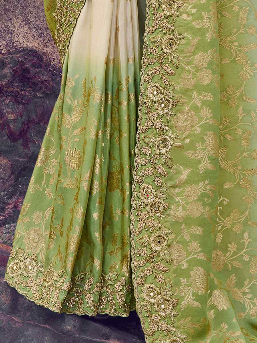 Green Tissue Silk With Jacquard Embroidery Bridal Reception Festival Wedding Fancy Heavy Border Saree