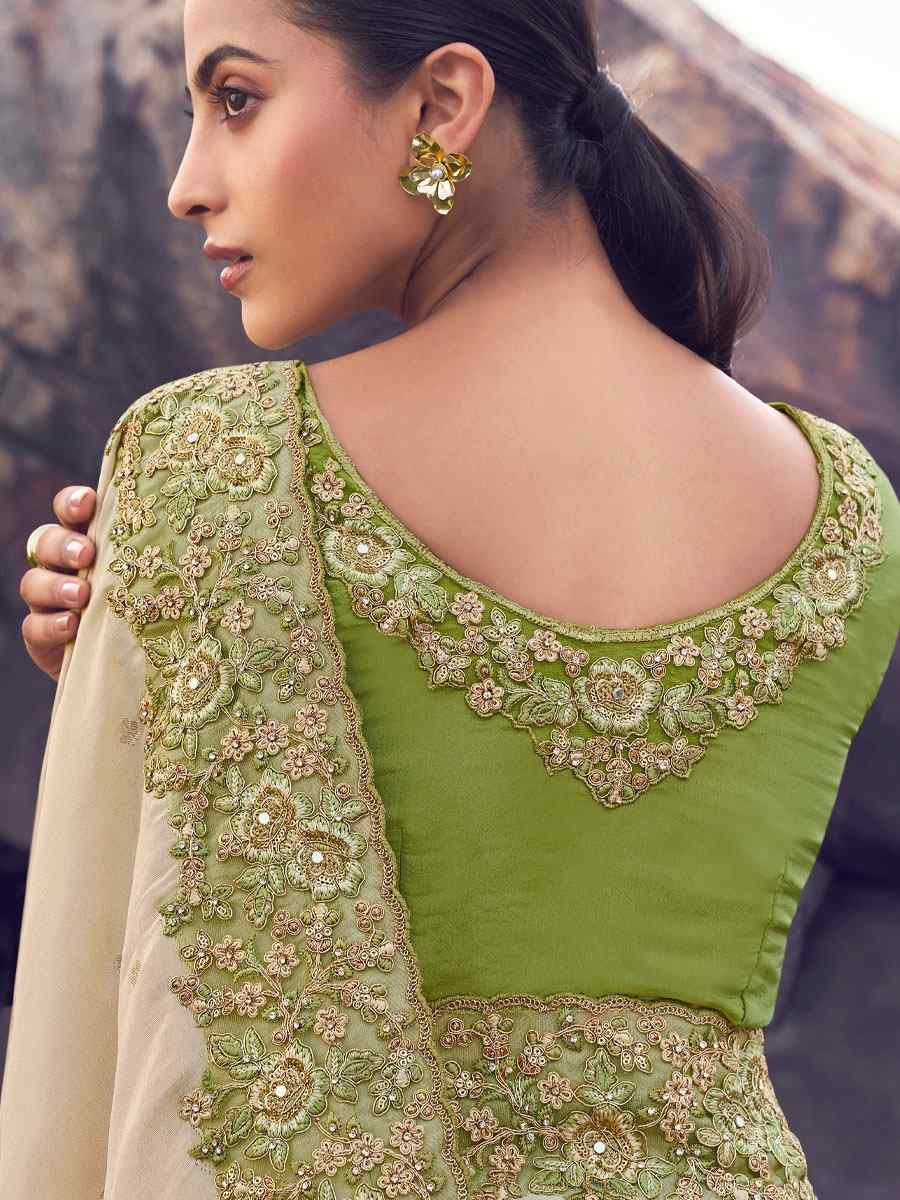 Green Tissue Silk With Jacquard Embroidery Bridal Reception Festival Wedding Fancy Heavy Border Saree