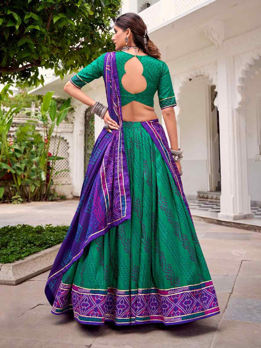 Green Tussar Silk Bhandej Printed Handwoven Festival Wedding Party Reception Heavy Border Lehenga Choli