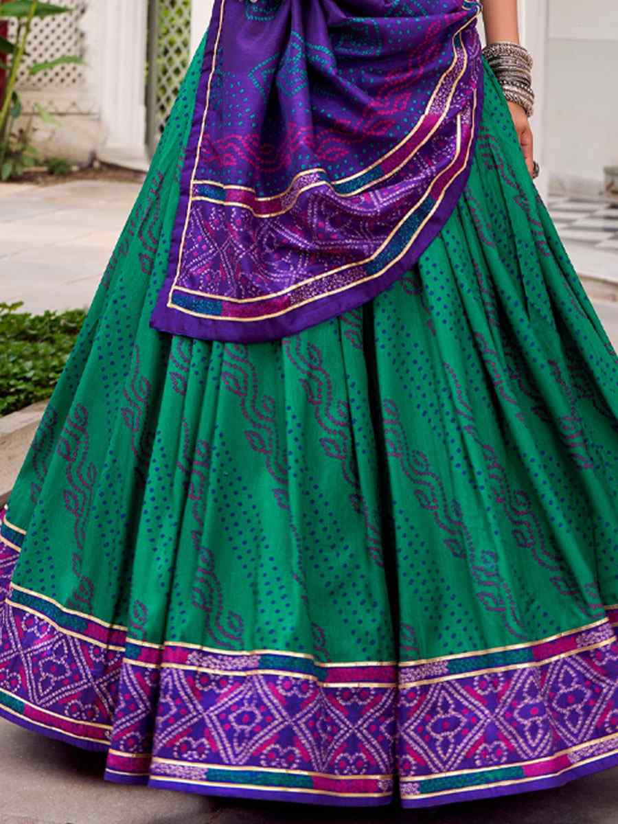 Green Tussar Silk Bhandej Printed Handwoven Festival Wedding Party Reception Heavy Border Lehenga Choli