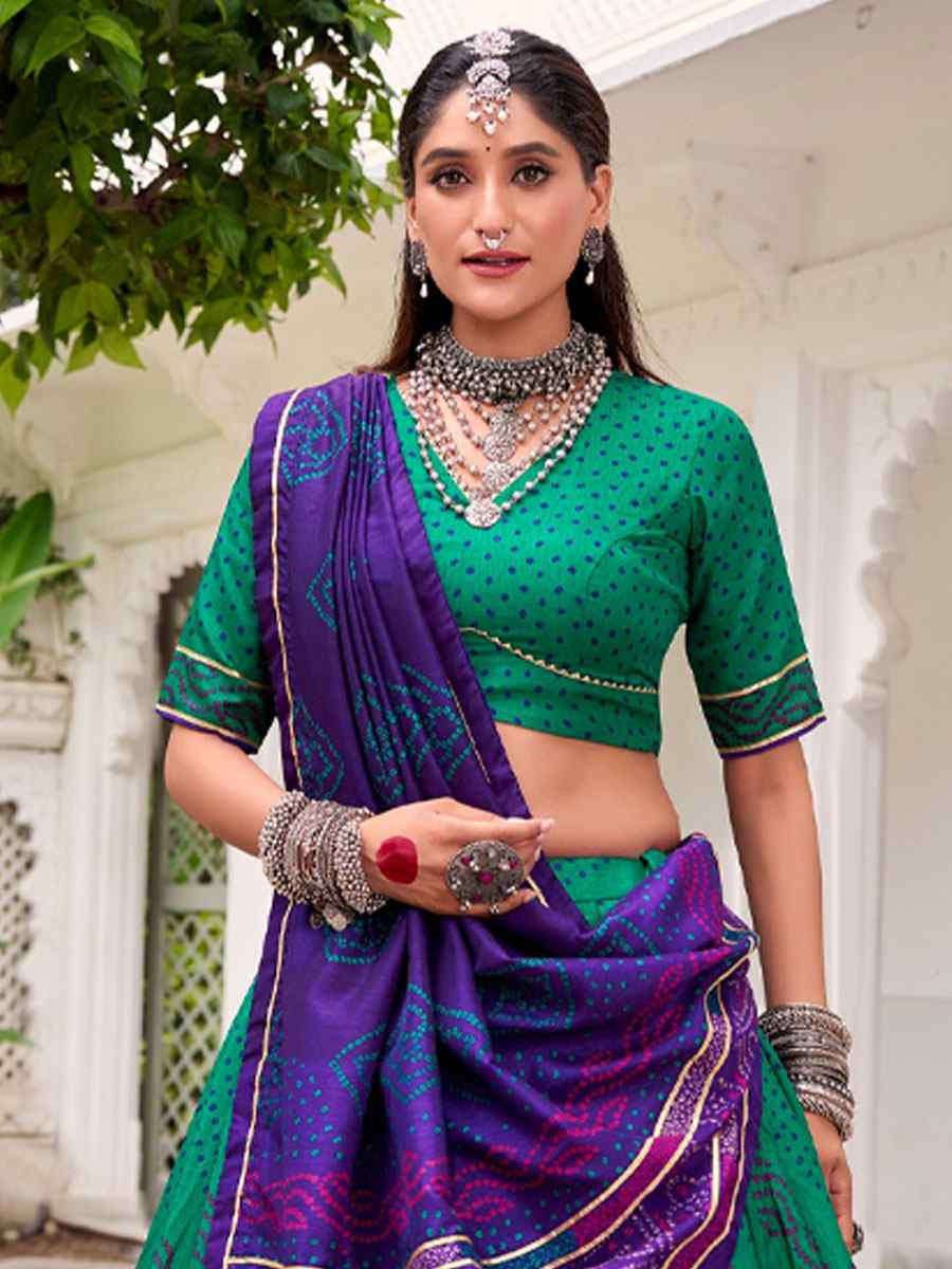 Green Tussar Silk Bhandej Printed Handwoven Festival Wedding Party Reception Heavy Border Lehenga Choli